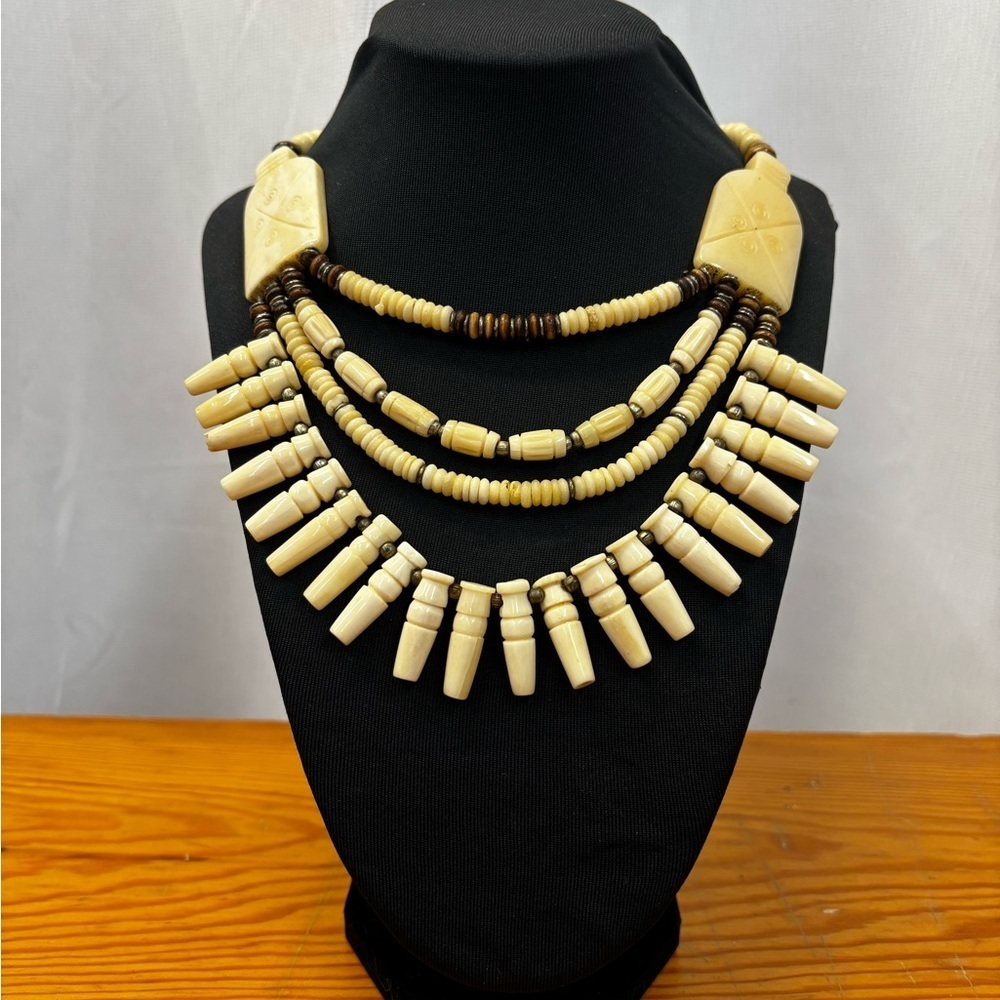 Vintage Monies Style Multi-Strand Carved Bone Statement Necklace